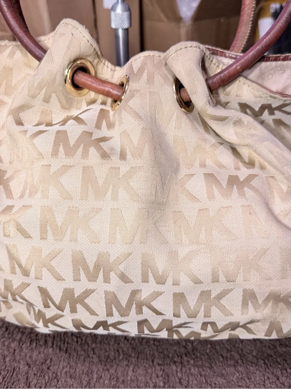 Michael Kors Beige MK Logo Drawstring Hobo with Brown Leather Handles